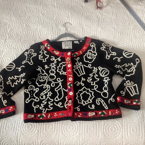Vintage 90s Michael Simon Petite Size P Christmas Cardigan Sweater With Embroide - Picture 9 of 14